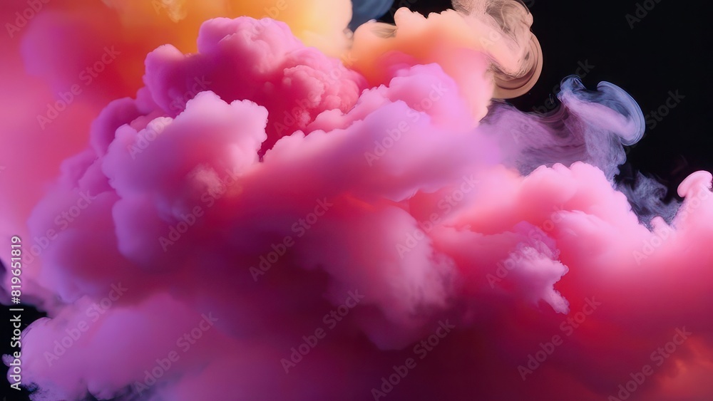 Fototapeta premium Magic mixing of color. Peach fuzz pink magenta cloud ink drop. Ink color blend. Transition reveal effect. Neon splash on vibrant fume texture creative abstract background. Bright colored smoke