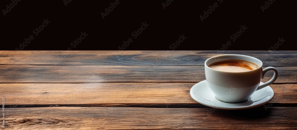 Obraz premium A hot cup of coffee sits on a weathered table with space for text or images. Copy space image. Place for adding text and design