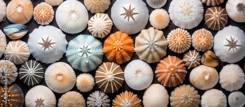 A collection of sea urchin shells arranged as a natural background with copy space image