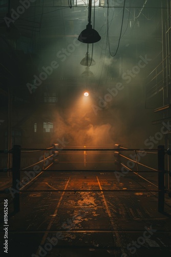 Dramatic empty boxing ring under a single light, with foggy atmosphere in an industrial setting, creating a mysterious and intense scene. photo