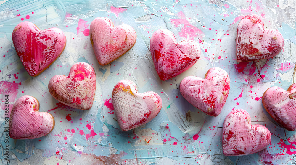Painted heart-shaped objects on an artistic splattered background, in pink and blue tones, depicting love concept. Generative AI Painted heart-shaped objects on an artistic splattered background, in pink and blue tones, depicting love concept. Generative AI