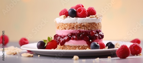Healthy vegetarian dessert featuring a close up berry dessert adorned with cherry buttercream granola and copy space image