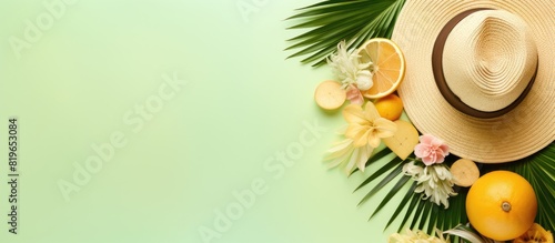 Fototapeta Naklejka Na Ścianę i Meble -  Summer themed arrangement featuring tropical elements like fruits a hat palm leaves and seashells on a soft yellow backdrop Top down view with room for text or images. Copy space image