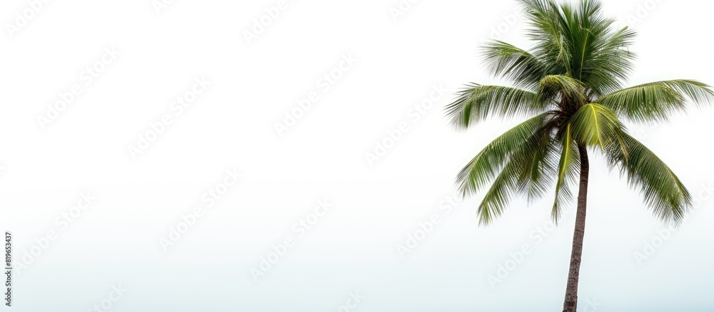 A coconut tree stands alone on a white background with ample copy space image available A coconut tree stands alone on a white background with ample copy space image available