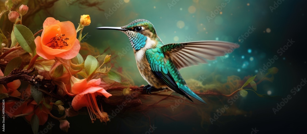 Fototapeta premium Hummingbird perched elegantly in a nest with beautiful flowers around it a captivating scene depicted in a copy space image