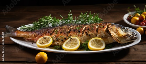 Grilled trout on a white plate with herbs and lemon presenting a delectable dish against a rustic background with copy space image