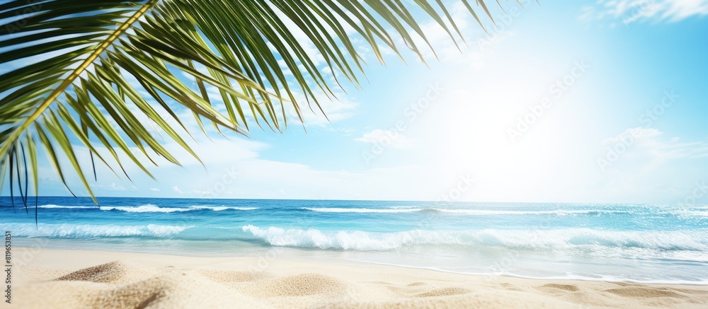 Tropical beach setting featuring clear blue sea sunny sky lush palm tree leaves and a sun flare ideal for a summer holiday backdrop with copy space image