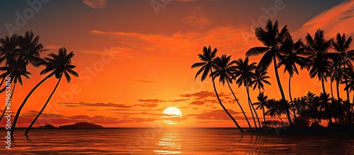 Tropical beach sunset with palm tree silhouettes against an orange sky. Copy space image. Place for adding text and design