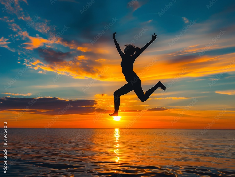 Silhouette of a person joyfully jumping over the ocean at sunset, symbolizing freedom and happiness.