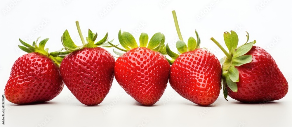 Strawberries in close up against a white backdrop with selective focus and copy space image Strawberries in close up against a white backdrop with selective focus and copy space image