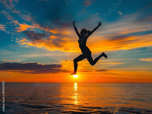 Silhouette of a person joyfully jumping over the ocean at sunset  symbolizing freedom and happiness.