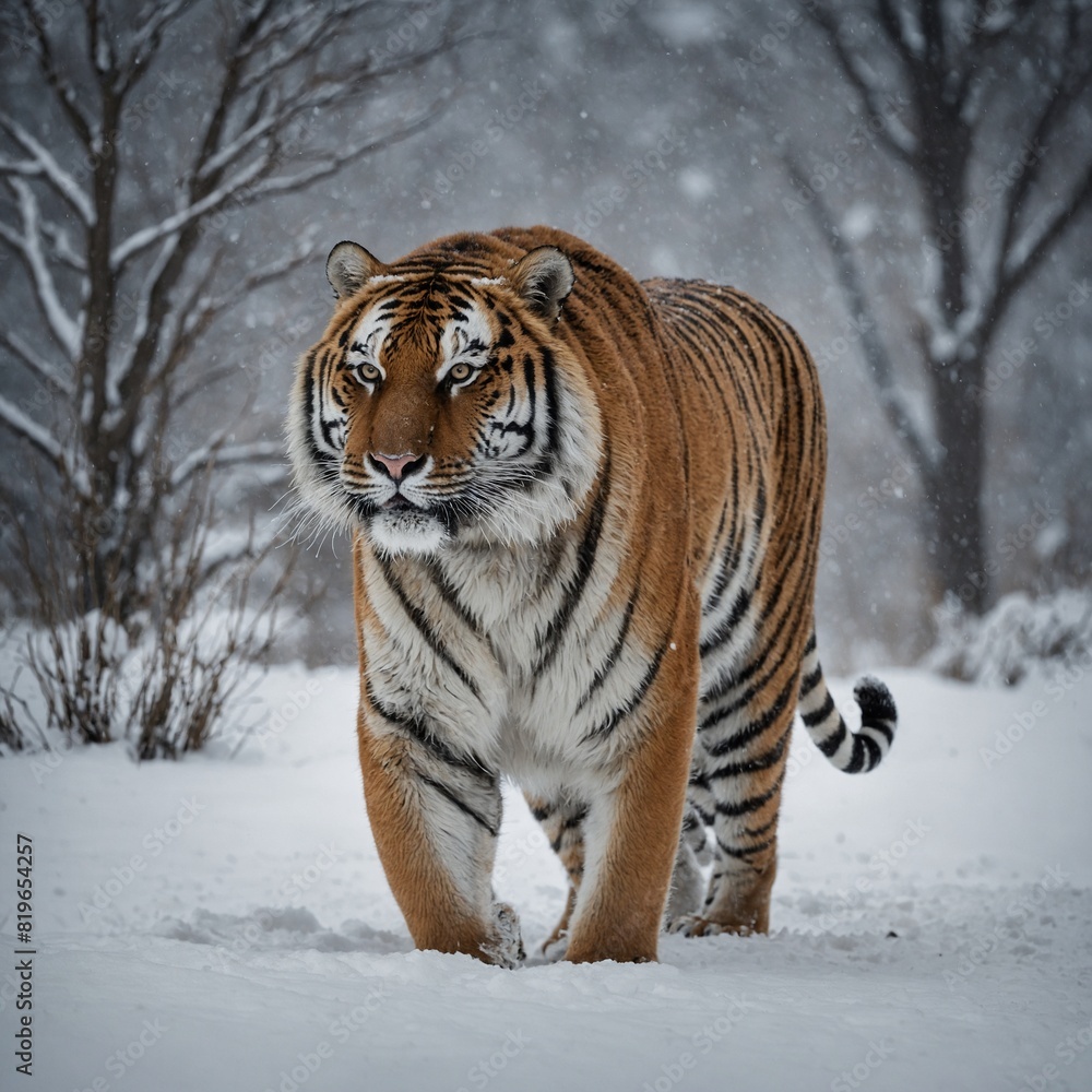 A majestic Siberian tiger walking confidently through a snowy landscape.

