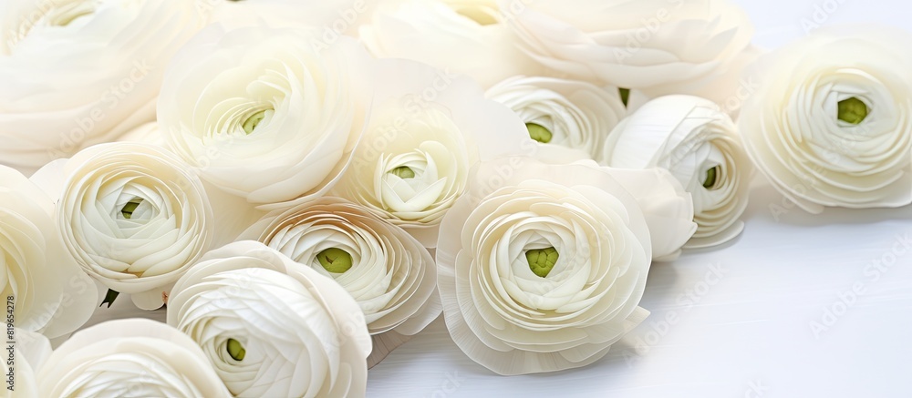 Close up image of a white ranunculus bouquet ideal for wedding greetings or International Women s Day with a copy space image Close up image of a white ranunculus bouquet ideal for wedding greetings or International Women s Day with a copy space image