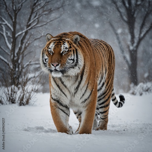 A majestic Siberian tiger walking confidently through a snowy landscape.  