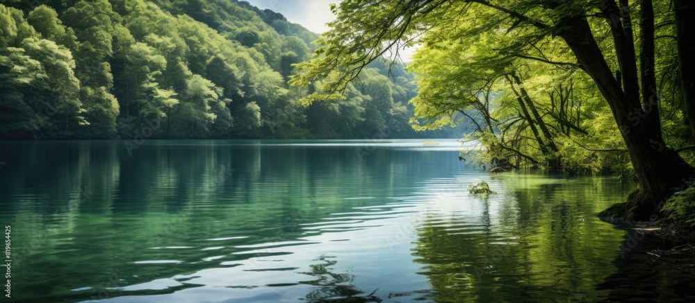 Scenic view of a tranquil aquamarine lake surrounded by lush green forest perfect for a natural copy space image