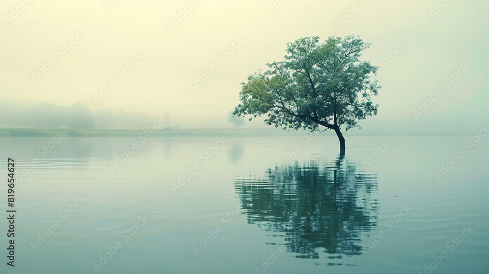 solitary tree reflected in misty lake. A solitary tree stands tall, perfectly reflected in the calm waters of a misty lake..