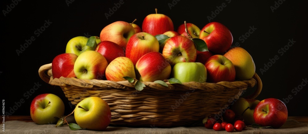 Basket with red green and yellow apples showcasing a copy space image Basket with red green and yellow apples showcasing a copy space image