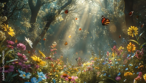 Beneath the dappled sunlight filtering through the trees, a tapestry of colorful flowers blooms, while butterflies dance and twirl in the airy expanse above