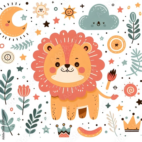 A cute little lion, cartoon pattern for children's clothes, decorative elements scattered around the lion, flat drawing.