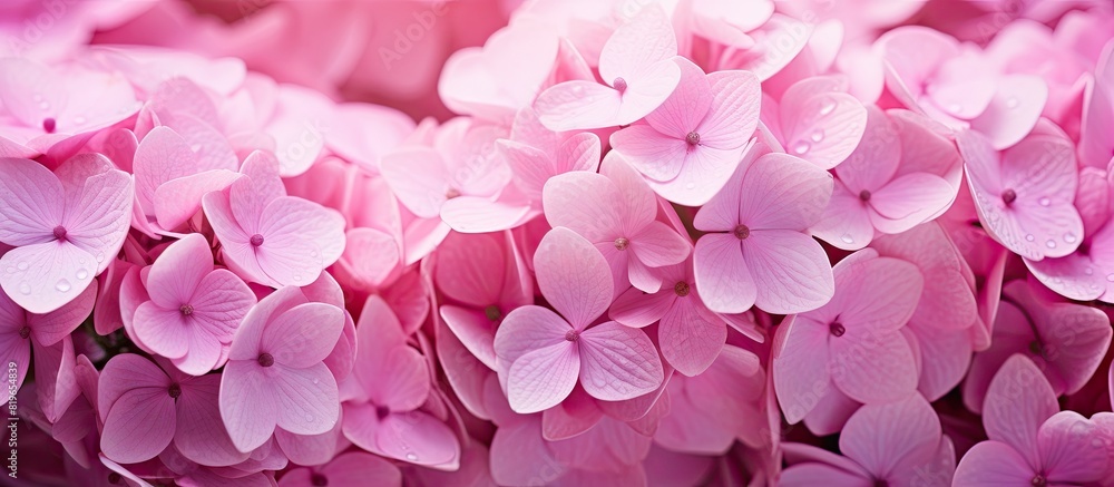 Close up shot of exotic pink hydrangea flowers with white petals Hydrangea macrophylla against a copy space image Close up shot of exotic pink hydrangea flowers with white petals Hydrangea macrophylla against a copy space image