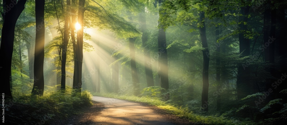 A forest path illuminated by sun rays with a copy space image