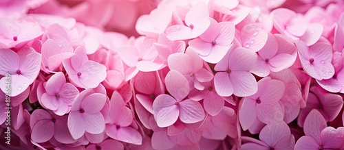 Close up shot of exotic pink hydrangea flowers with white petals Hydrangea macrophylla against a copy space image photo