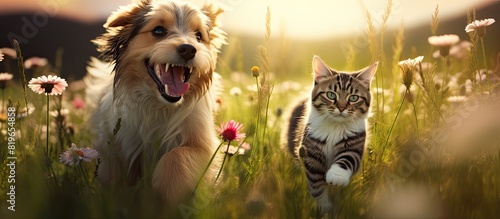 A cat and a dog joyfully romp through a blossoming summer meadow with a beautiful background for a copy space image photo