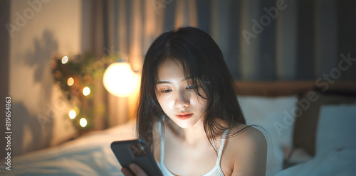 寝る前にスマホをチェックする若いアジア人女性