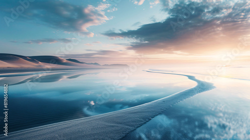 serene beach at sunset. A serene beach scene at sunset with calm waters and a beautiful horizon..