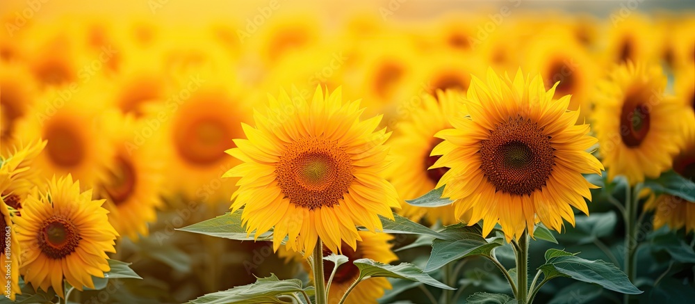Fototapeta premium Vibrant sunflower field in full bloom displaying its natural beauty with copy space image
