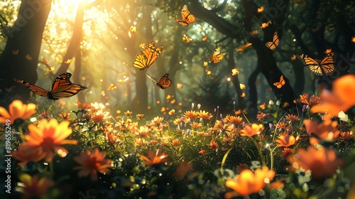 Amongst towering trees, a vibrant array of flowers blossom, their beauty drawing butterflies that flutter and spiral in the breeze