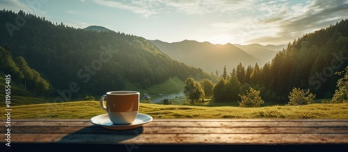 Enjoying a cup of coffee while camping in the serene beauty of a nature park with a stunning backdrop for a copy space image