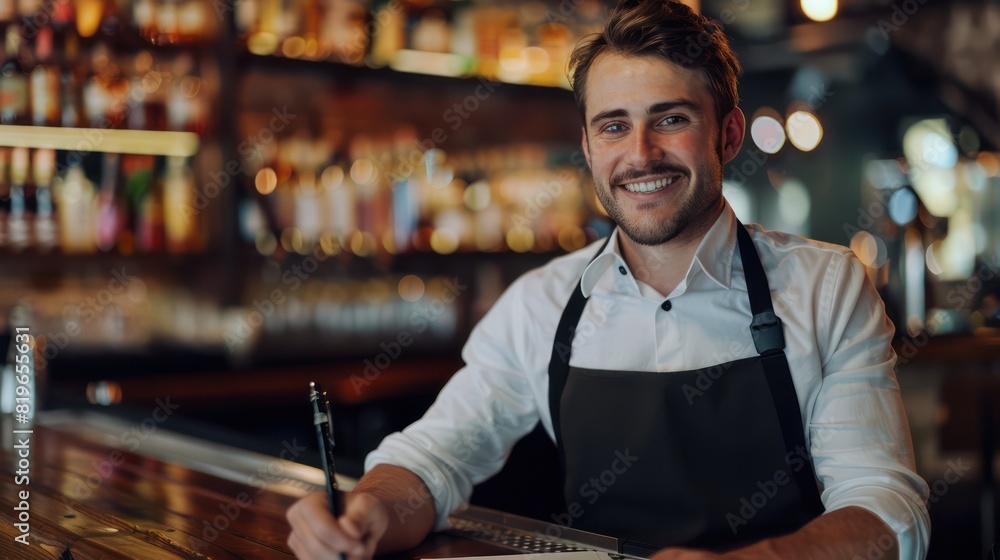 A smiling waiter, dressed impeccably in his work uniform, poses confidently while making notes in his notepad, the dynamic bar counter adding depth to the photo. A smiling waiter, dressed impeccably in his work uniform, poses confidently while making notes in his notepad, the dynamic bar counter adding depth to the photo.