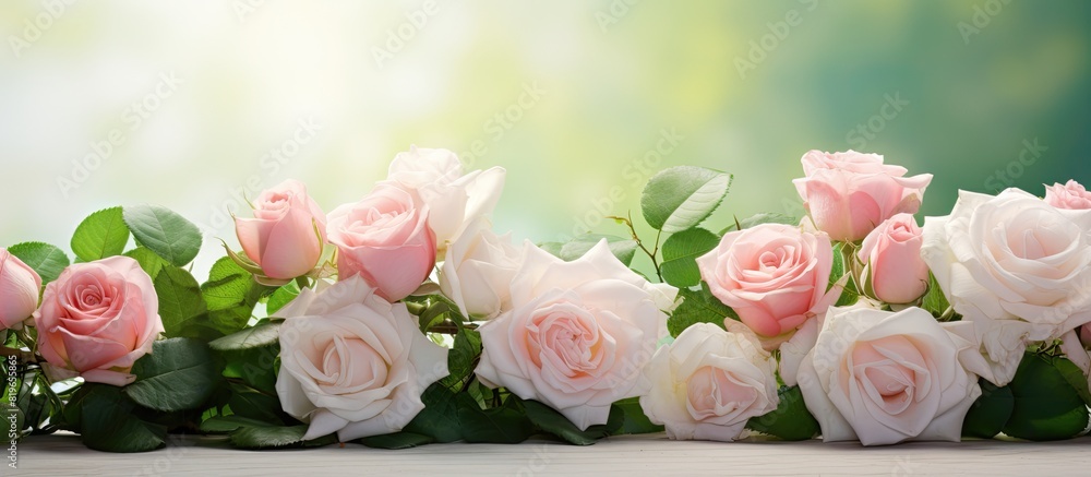 A stunning arrangement of delicate pink and white roses set against a backdrop of fresh green leaves in a copy space image