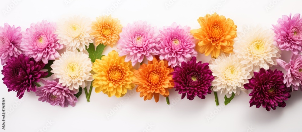 Colorful autumn flowers of chrysanthemum on a white background. Copy space image. Place for adding text and design Colorful autumn flowers of chrysanthemum on a white background. Copy space image. Place for adding text and design