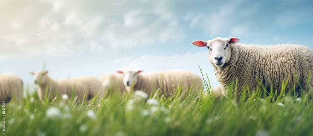 Obraz premium Grassy field background with sheep for a natural setting with copy space image