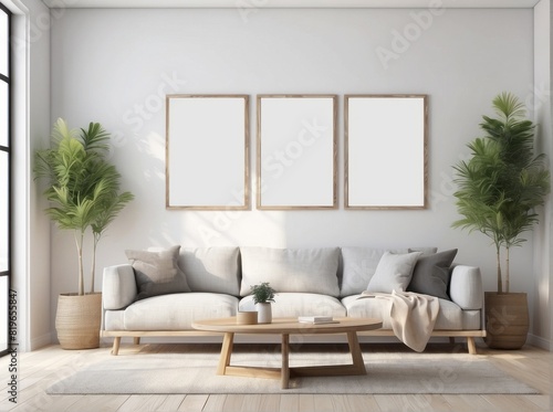 mock up poster frame in modern interior background, wooden office, Crisp White wall