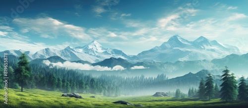 A picturesque landscape featuring mountains trees and lush greenery under a vibrant blue sky suitable as a background for a copy space image