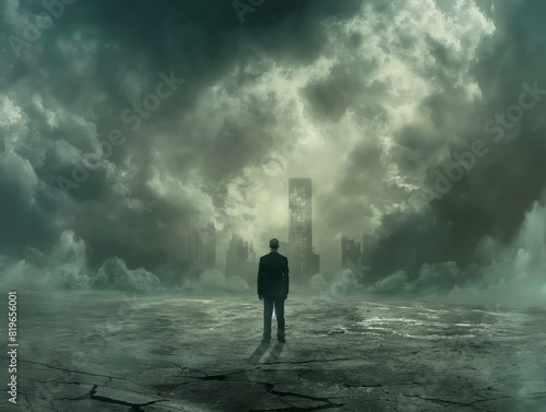 A lone man stands on cracked ground  facing a foggy  apocalyptic cityscape under ominous clouds.