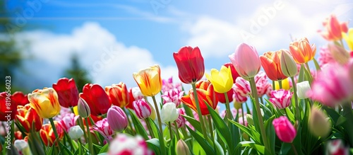 Tulips in a colorful flowerbed with a picturesque background and copy space image