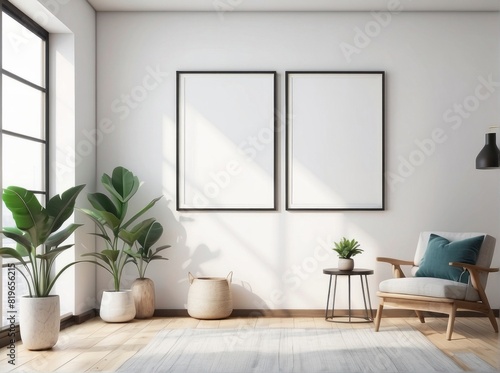 mock up poster frame in modern interior background  wooden office  Crisp White wall