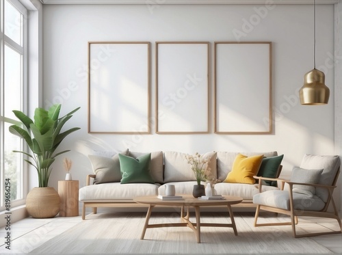 mock up poster frame in modern interior background  wooden office  Crisp White wall