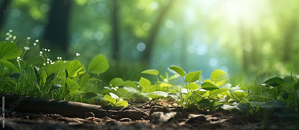 Summer in the forest with a scenic copy space image featuring lush foliage and bokeh effects Summer in the forest with a scenic copy space image featuring lush foliage and bokeh effects