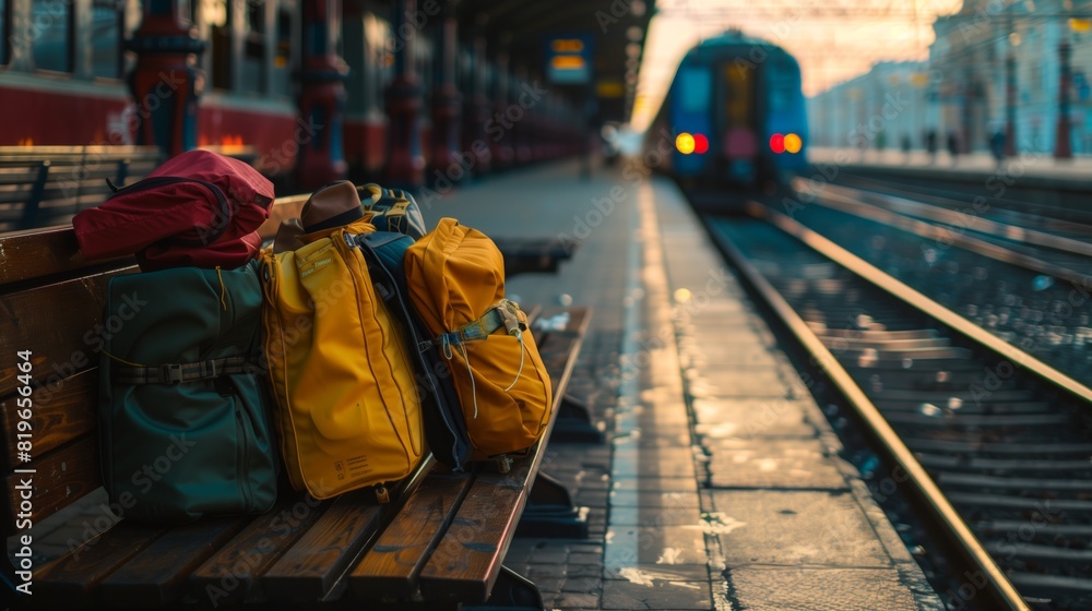 Luggage on train platform with approaching train captures essence of rail travel. Luggage on train platform with approaching train captures essence of rail travel.