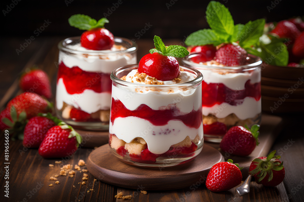 dessert with fresh strawberries, cream cheese and strawberry jam on glasses dessert with fresh strawberries, cream cheese and strawberry jam on glasses