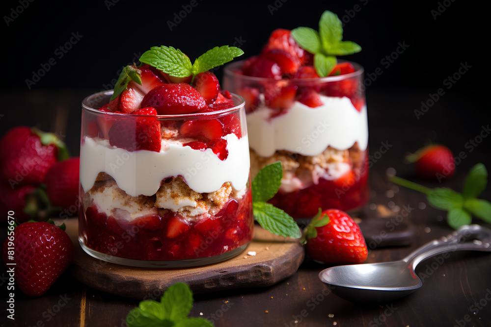 dessert with fresh strawberries, cream cheese and strawberry jam on glasses dessert with fresh strawberries, cream cheese and strawberry jam on glasses