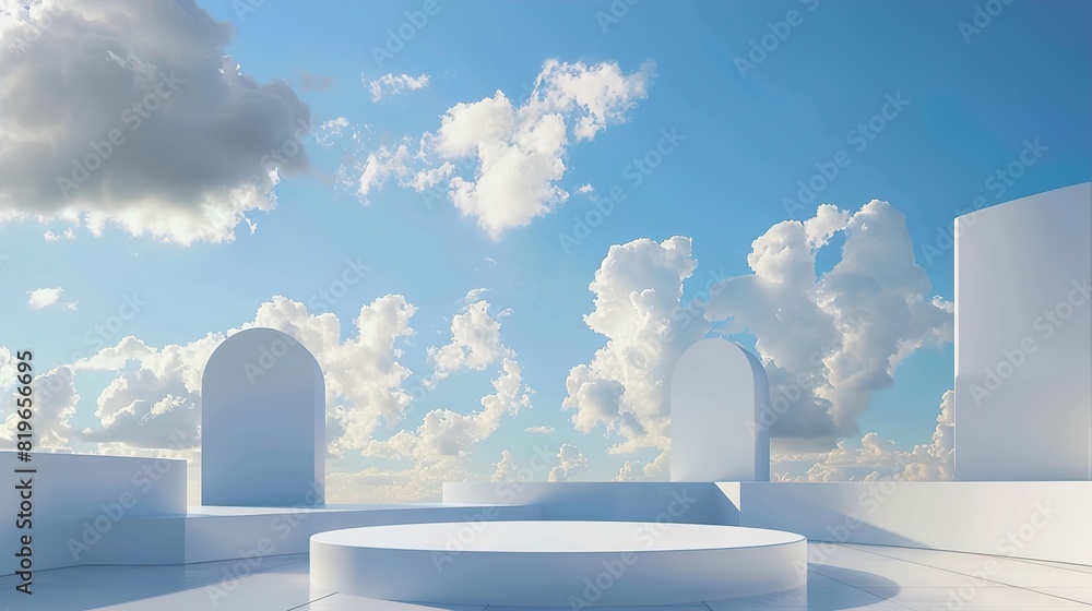 White Marble Table and Marble Cylinder Podium with Beautiful Cloud Background, Suitable for Cosmetic Product Presentation Backdrop White Marble Table and Marble Cylinder Podium with Beautiful Cloud Background, Suitable for Cosmetic Product Presentation Backdrop