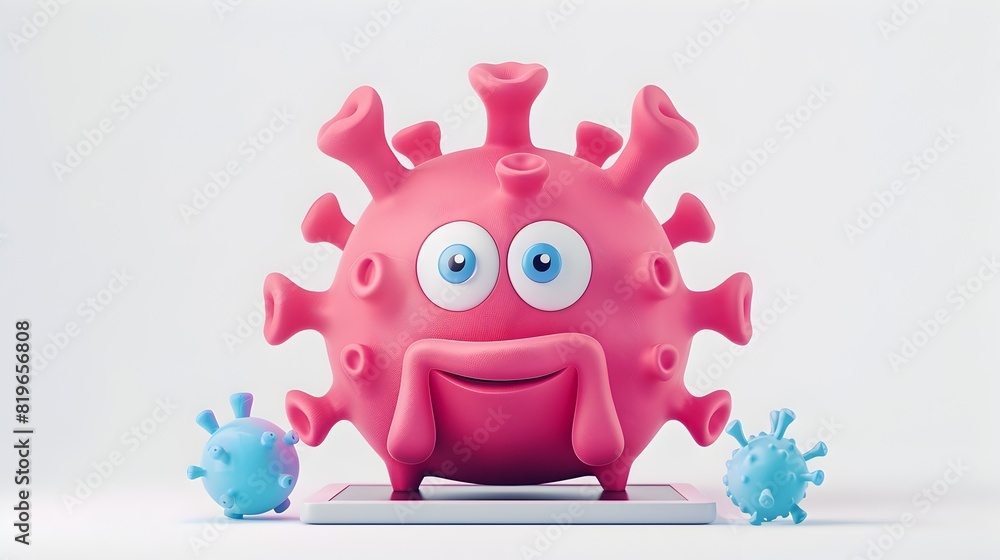 Obraz premium Adorable 3D Antivirus Mascot Character Scanning for Threats on Tablet