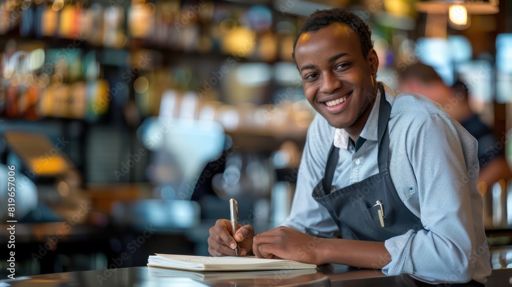 A young waiter, dressed smartly in workwear, smiles brightly as he takes notes in his notepad, the bustling bar counter providing a lively backdrop. A young waiter, dressed smartly in workwear, smiles brightly as he takes notes in his notepad, the bustling bar counter providing a lively backdrop.
