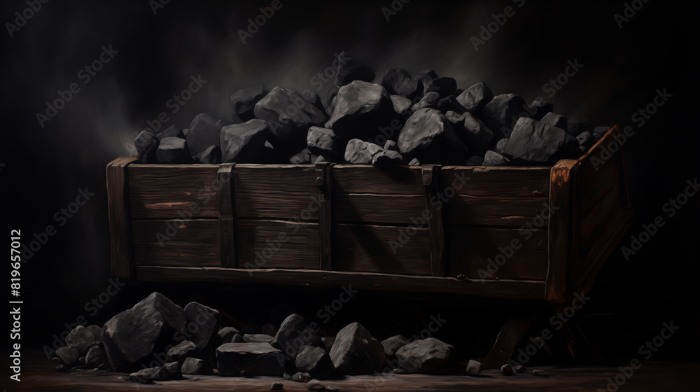 Fototapeta premium pile of coal is sitting in a wooden crate